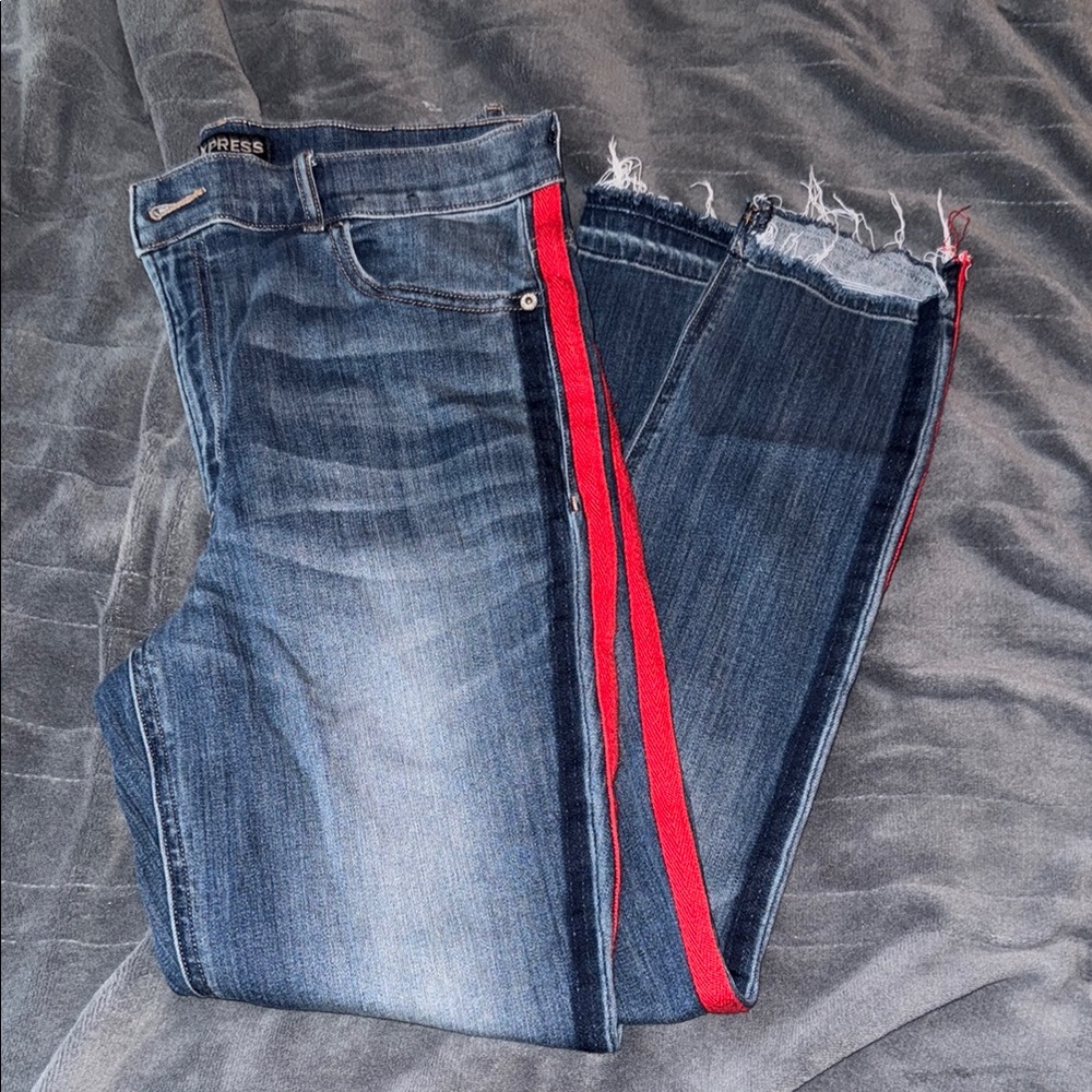 Express Blue Ankle Jeans with Red Stripe